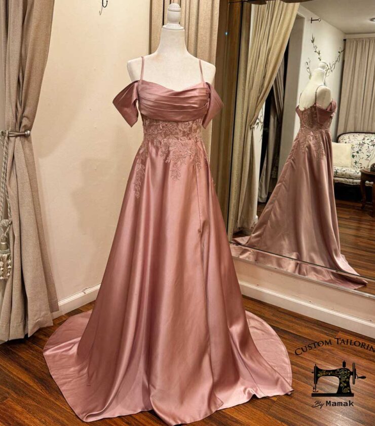 Pink satin evening dress