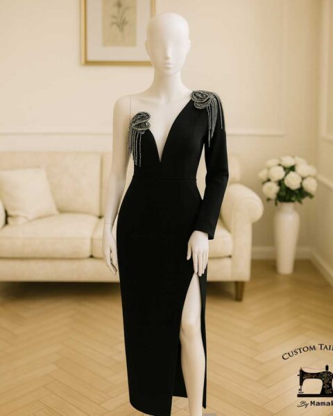 Black evening dress with one-shoulder sleeve and crystal shoulder embellishments — Custom By Mamak sandiyego