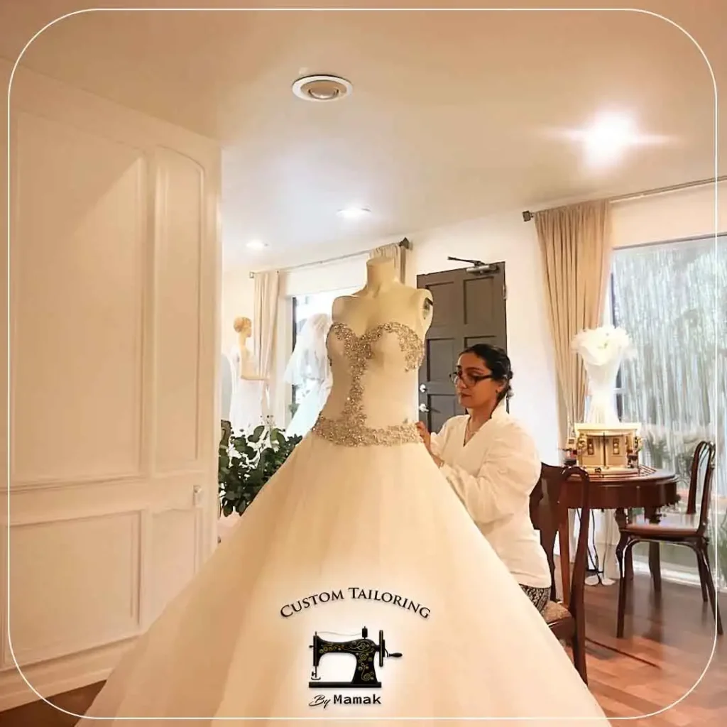 custom wedding dress tailoring San Diego by Mamak luxury handmade gown for women