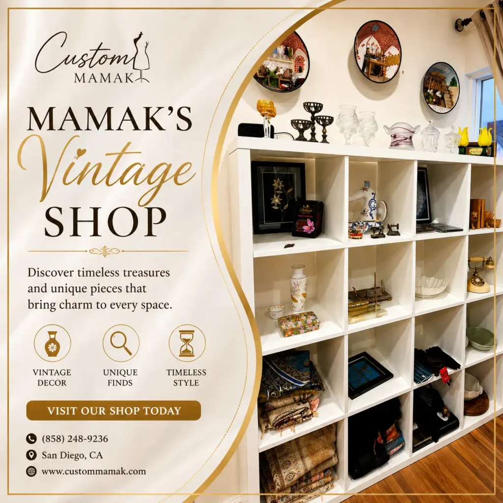 Vintage shop in San Diego by Custom Mamak featuring curated vintage dresses and timeless fashion pieces