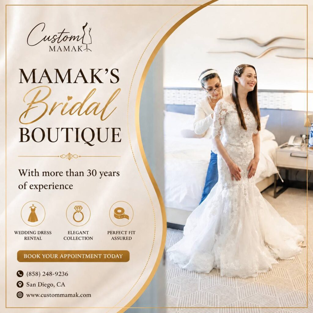 Custom Mamak with more than 30 years of experience in custom tailoring, alterations, and dress design in San Diego