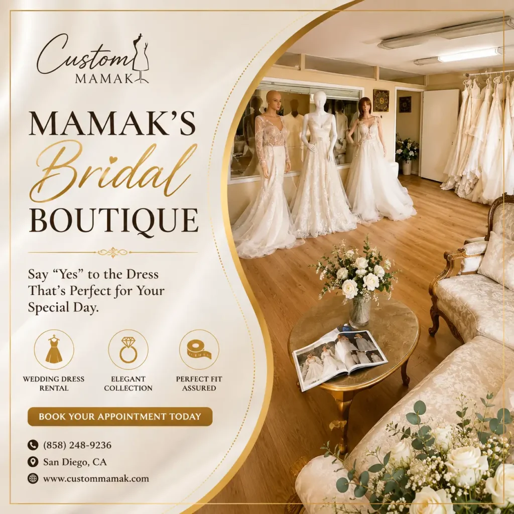Wedding dress rental in San Diego by Custom Mamak featuring Mamak’s Bridal Boutique and elegant bridal gowns